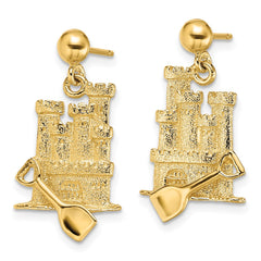 14K Yellow Gold 3D with Shovel Sand Castle Dangle Earrings