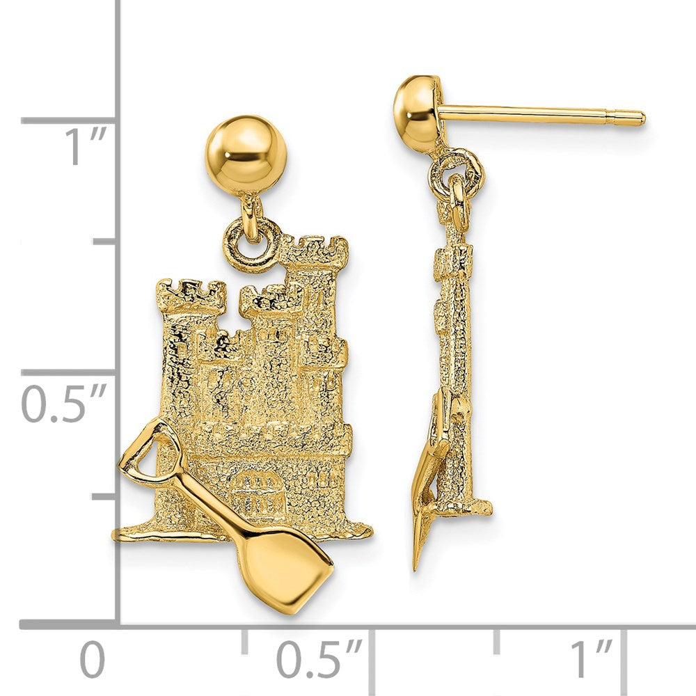 14K Yellow Gold 3D with Shovel Sand Castle Dangle Earrings