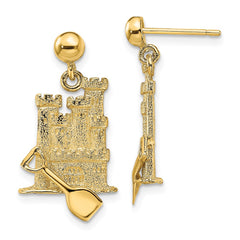 14K Yellow Gold 3D with Shovel Sand Castle Dangle Earrings