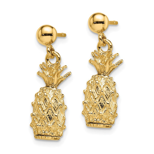 14K Yellow Gold 3D Pineapple Dangle Post Earrings