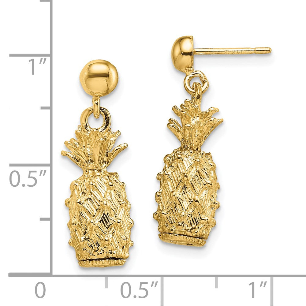 14K Yellow Gold 3D Pineapple Dangle Post Earrings