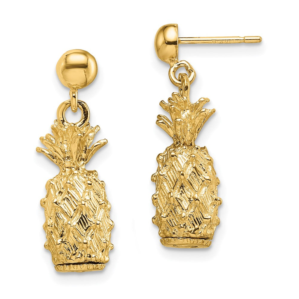 14K Yellow Gold 3D Pineapple Dangle Post Earrings