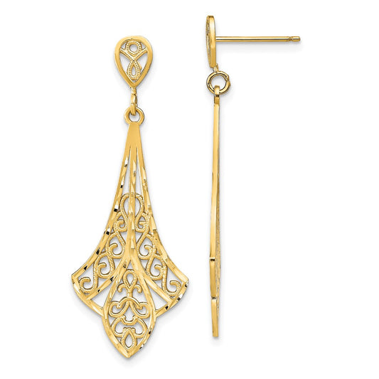 14K Yellow Gold Diamond-cut Filigree Dangle Post Earrings