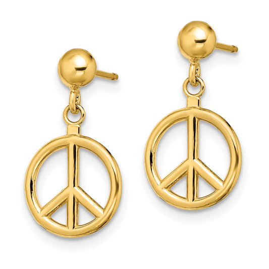 14K Yellow Gold 3D Polished Peace Symbol Dangle Earrings
