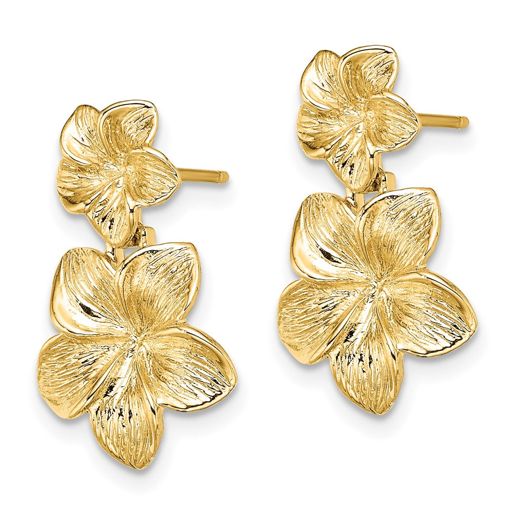 14K Yellow Gold Double Plumeria Flower Post Dangle Earrings