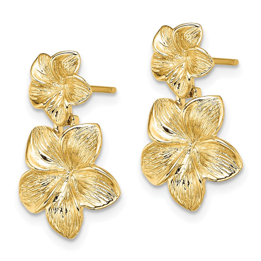 14K Yellow Gold Double Plumeria Flower Post Dangle Earrings