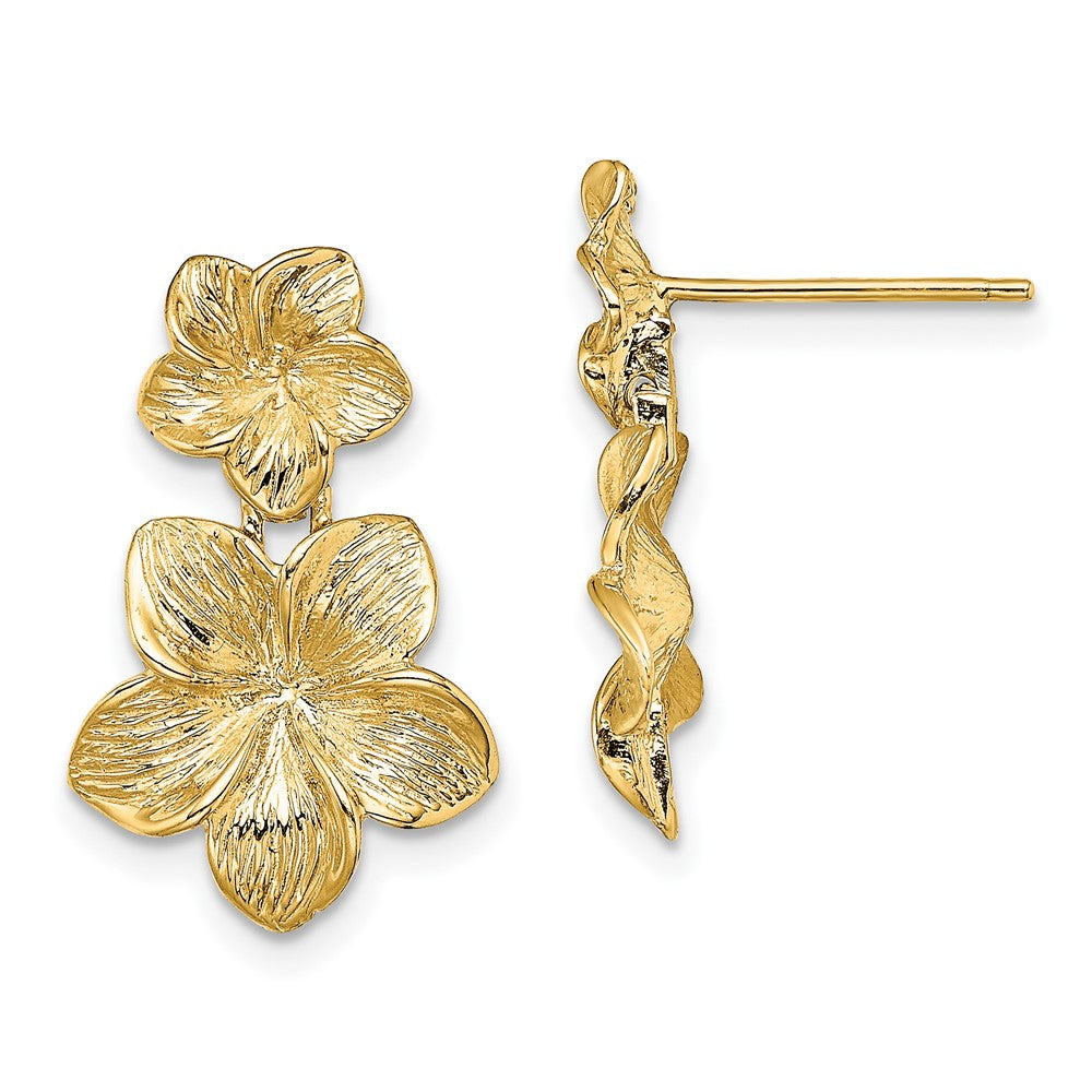 14K Yellow Gold Double Plumeria Flower Post Dangle Earrings