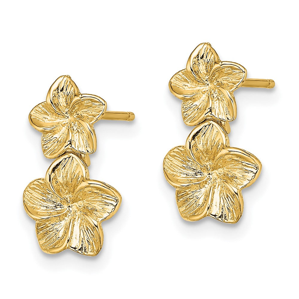 14K Yellow Gold Double Plumeria Flower Post Dangle Earrings