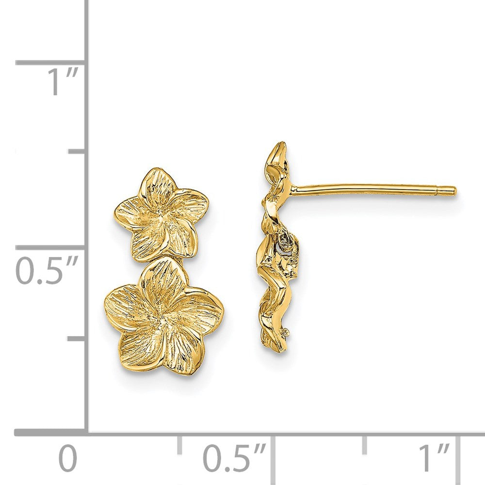 14K Yellow Gold Double Plumeria Flower Post Dangle Earrings