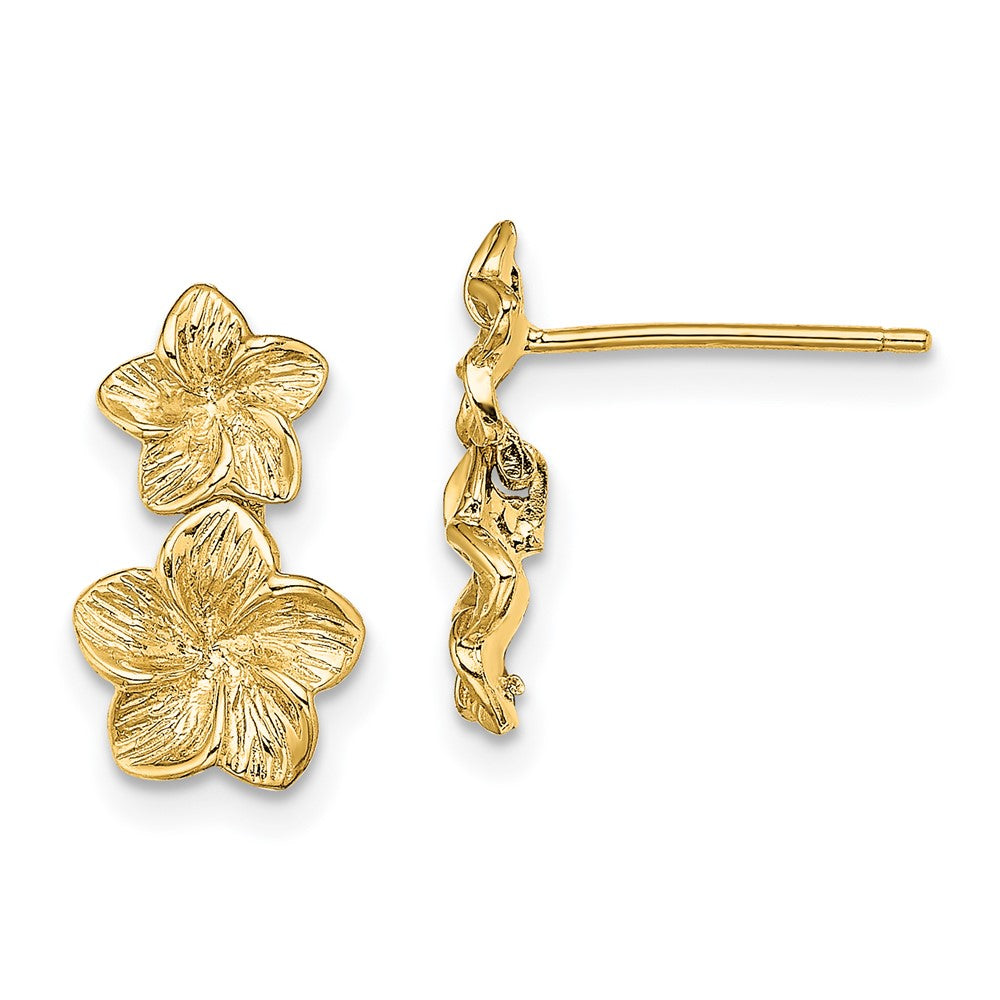 14K Yellow Gold Double Plumeria Flower Post Dangle Earrings