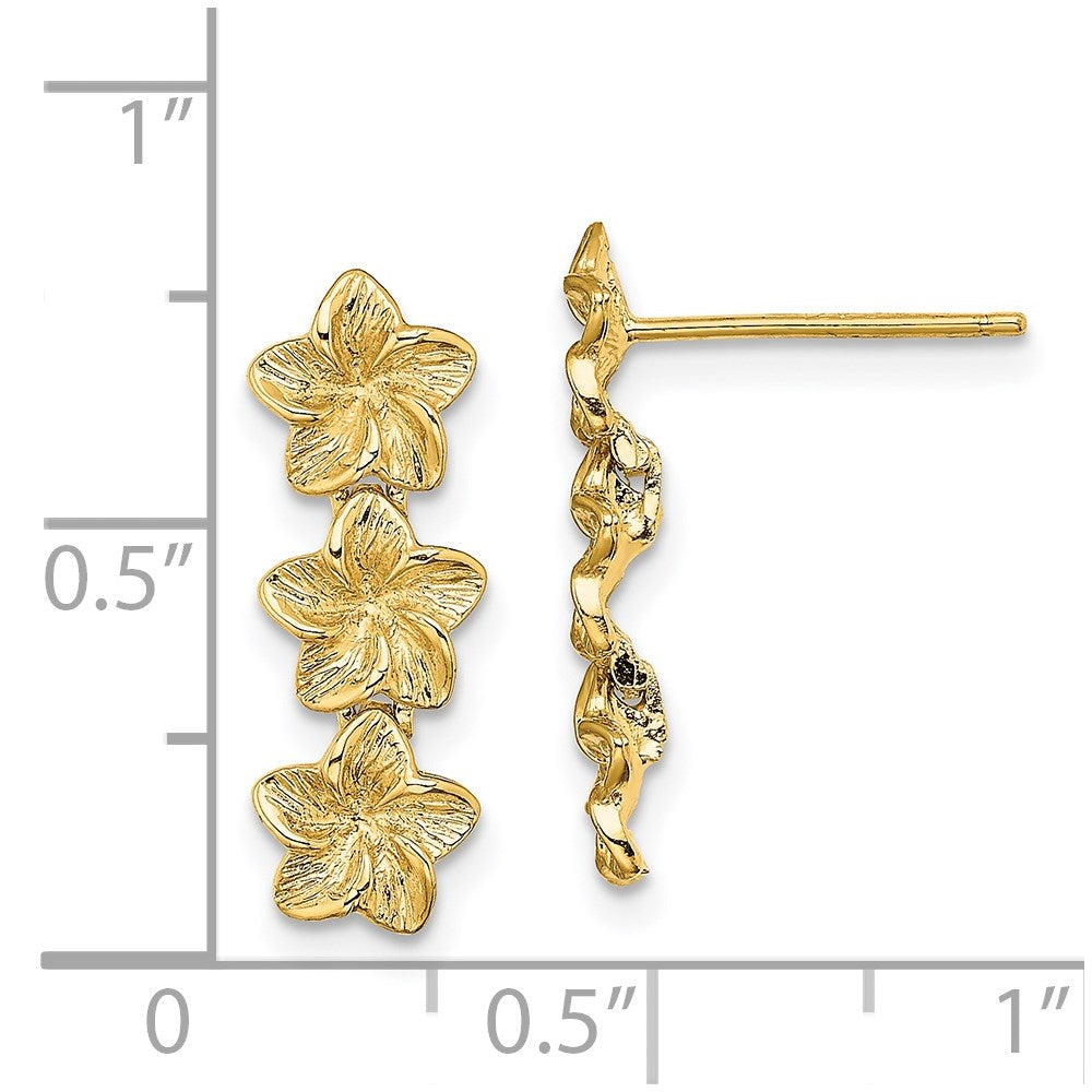 14K Yellow Gold Triple Flower Post Dangle Earrings