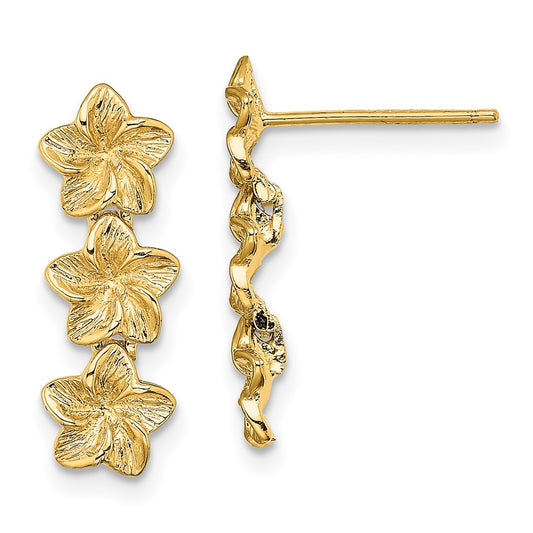 14K Yellow Gold Triple Flower Post Dangle Earrings