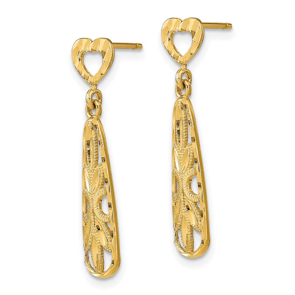 14K Yellow Gold Diamond-cut Teardrop Heart Dangle Post Earrings