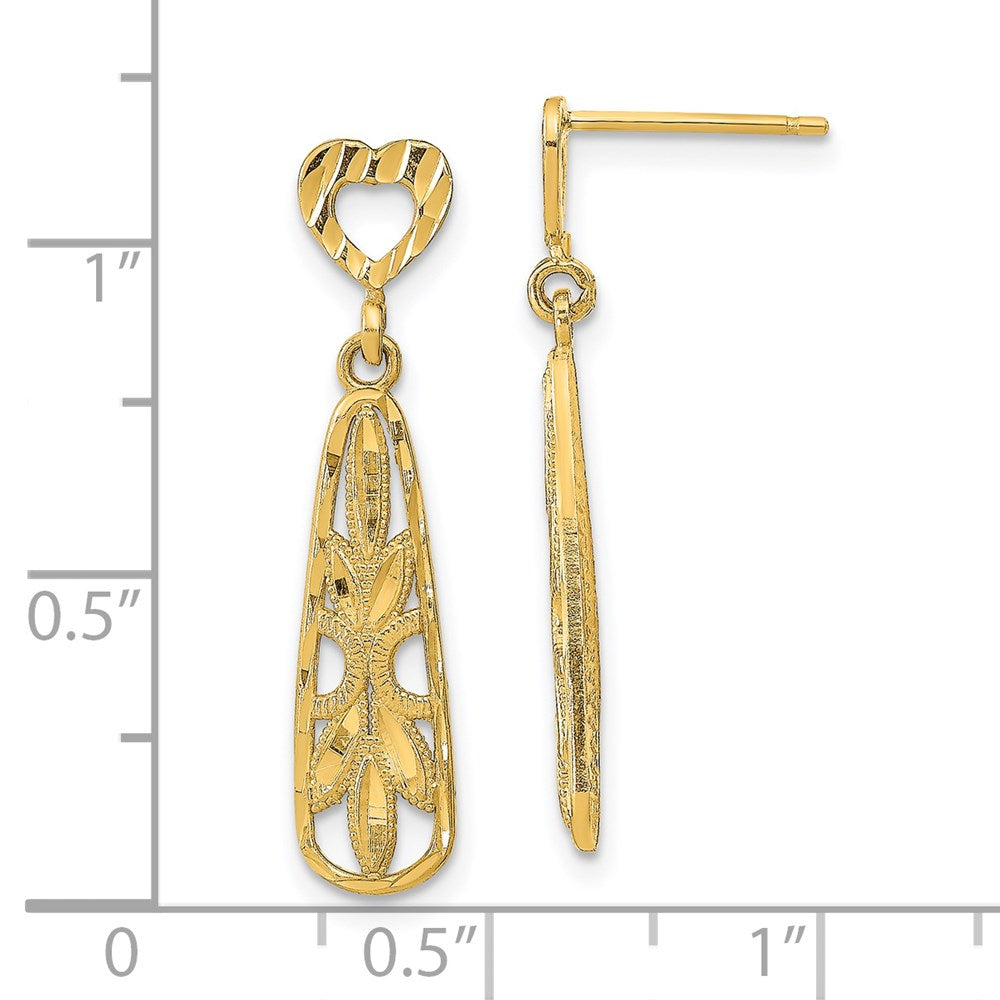 14K Yellow Gold Diamond-cut Teardrop Heart Dangle Post Earrings