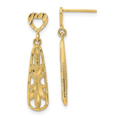 14K Yellow Gold Diamond-cut Teardrop Heart Dangle Post Earrings