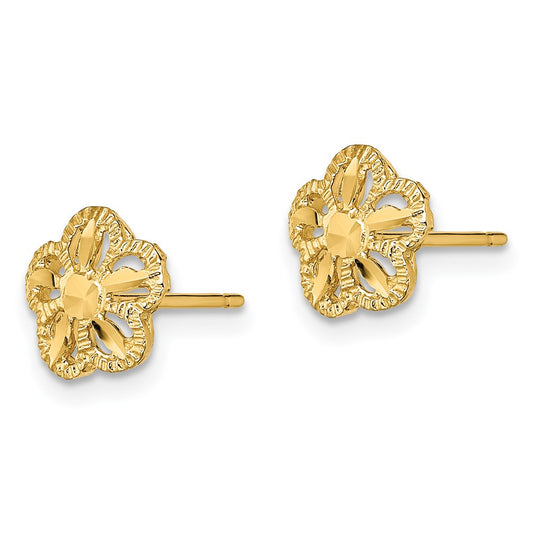 14K Yellow Gold Diamond-cut Flower Post Earrings