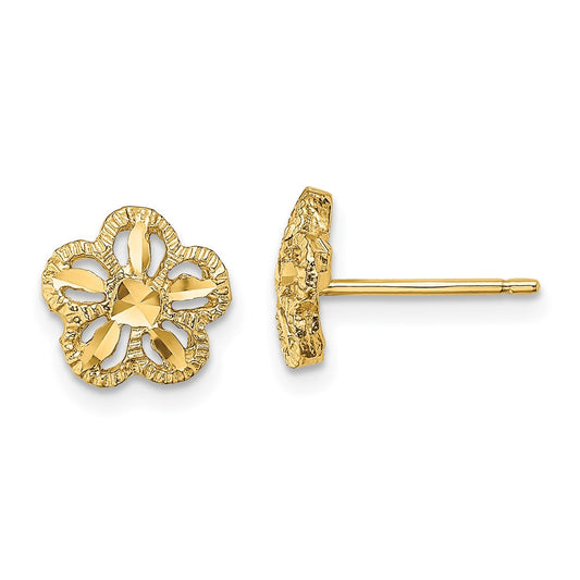 14K Yellow Gold Diamond-cut Flower Post Earrings