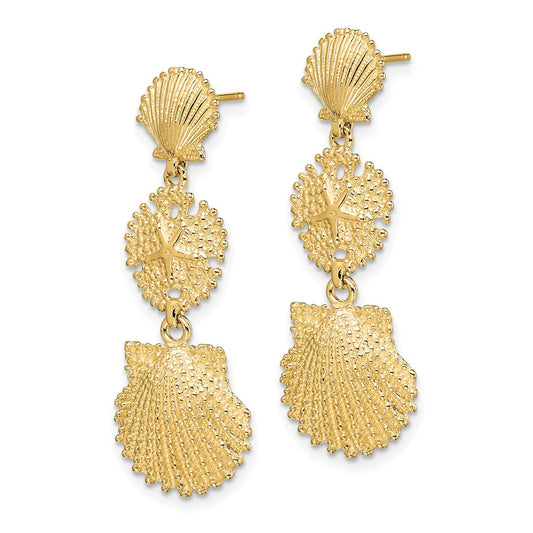 14K Yellow Gold Scallop, Sand Dollar & Scallop Dangle Earrings