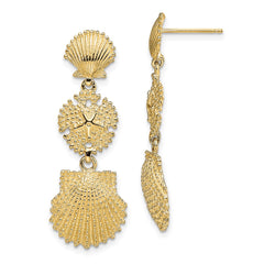 14K Yellow Gold Scallop, Sand Dollar & Scallop Dangle Earrings