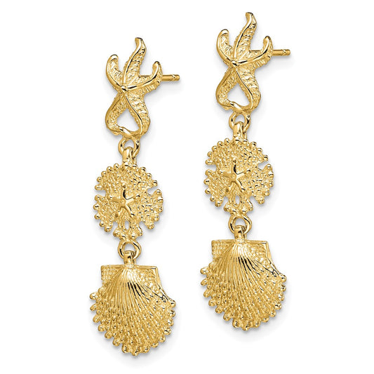 14K Yellow Gold Starfish, Sand Dollar & Scallop Shell Dangle Earrings