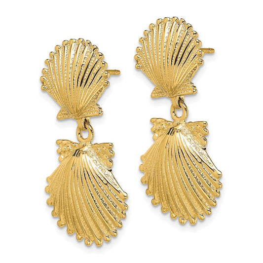 14K Yellow Gold Double Scallop Shell Dangle Earrings