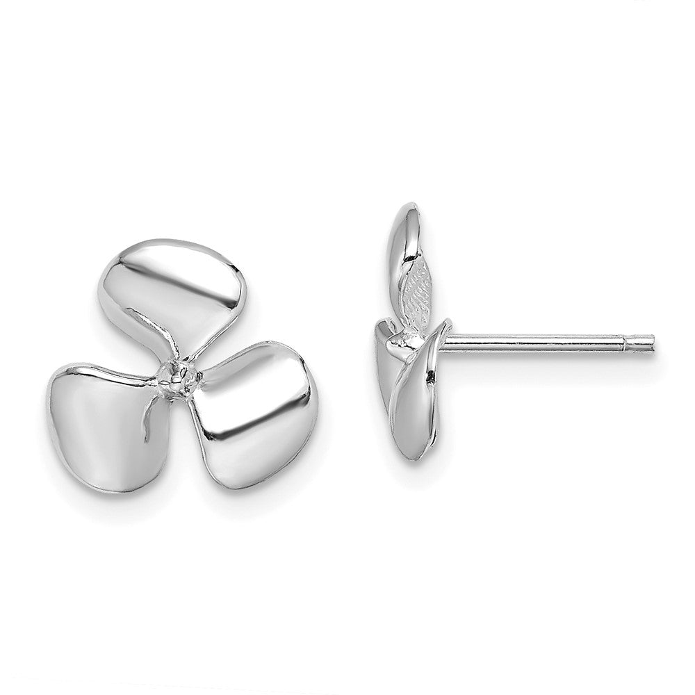 14K White Gold Polished Three Blade Propeller with Center Bead Post Earrings