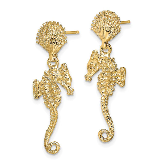 14K Yellow Gold Shell & Seahorse Dangle Earrings