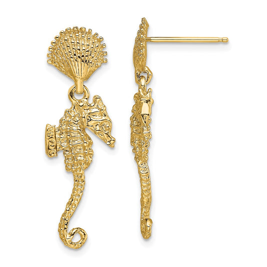 14K Yellow Gold Shell & Seahorse Dangle Earrings