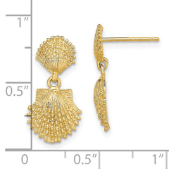 14K Yellow Gold Double Beaded Scallop Shell Dangle Earrings