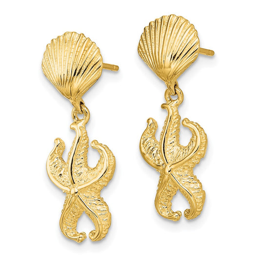14K Yellow Gold Shell Starfish Dangle Earrings