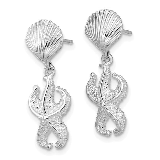 14K White Gold Shell Starfish Dangle Earrings