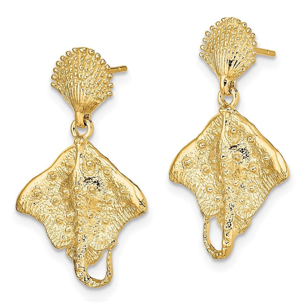 14K Yellow Gold Shell and Stingray Post Dangle Earrings