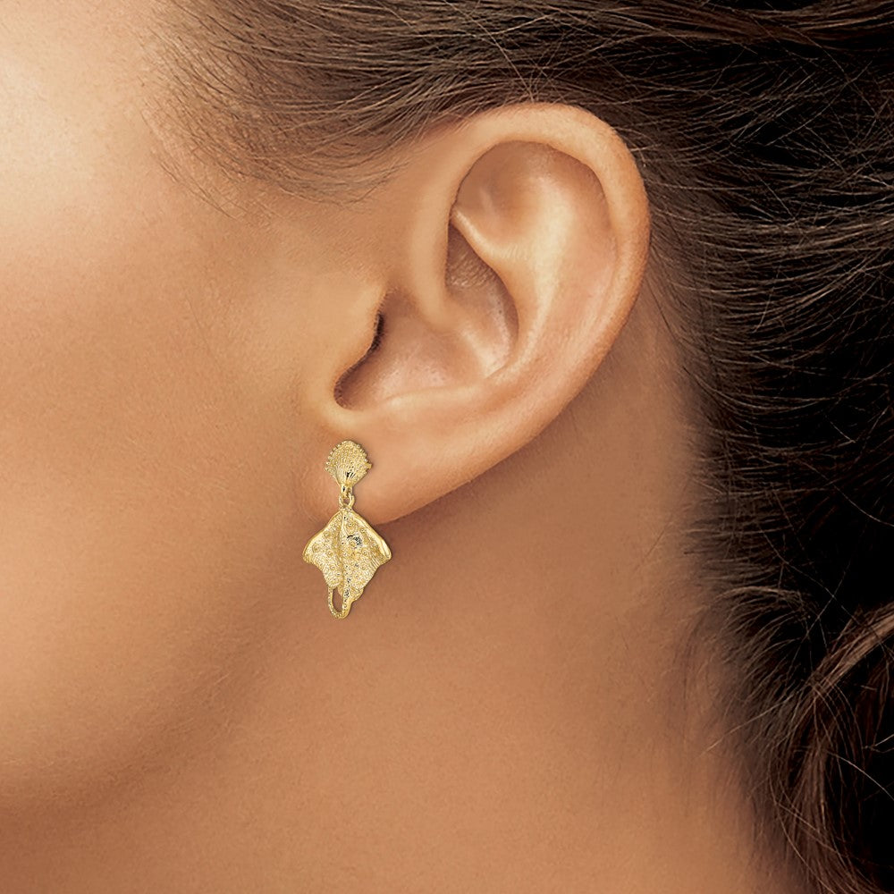 14K Yellow Gold Shell and Stingray Post Dangle Earrings