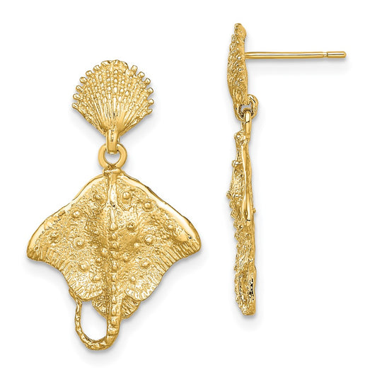 14K Yellow Gold Shell and Stingray Post Dangle Earrings