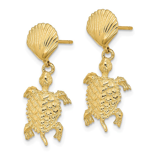 14K Yellow Gold Shell and Sea Turtle Dangle Earrings