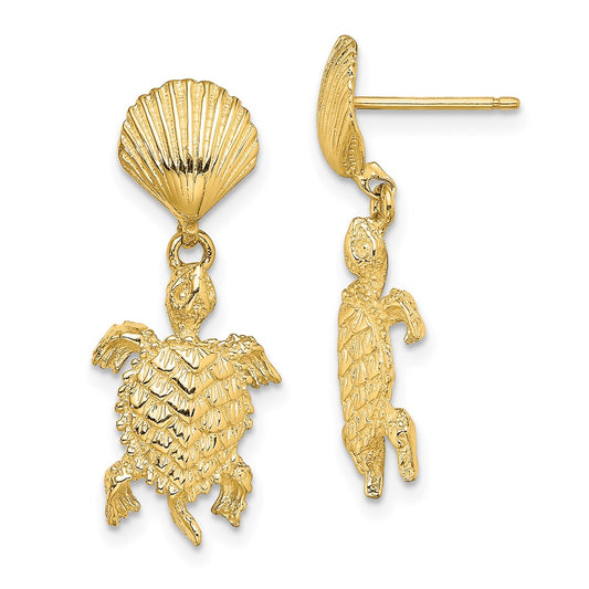 14K Yellow Gold Shell and Sea Turtle Dangle Earrings
