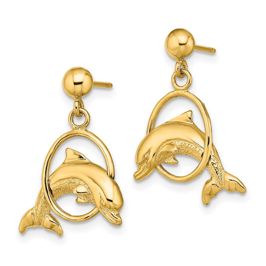 14K Yellow Gold 2D Polished Dolphin Jumping Through Hoop Earrings