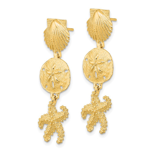 14K Yellow Gold Shell, Sand Dollar & Starfish Post Dangle Earrings