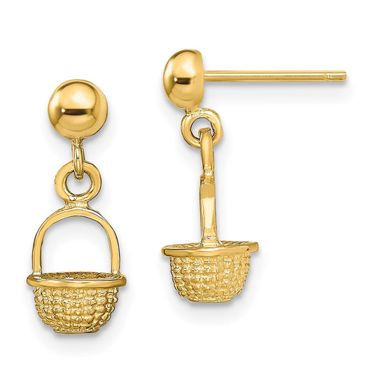 14K Yellow Gold 3D Mini Basket Drop Earrings