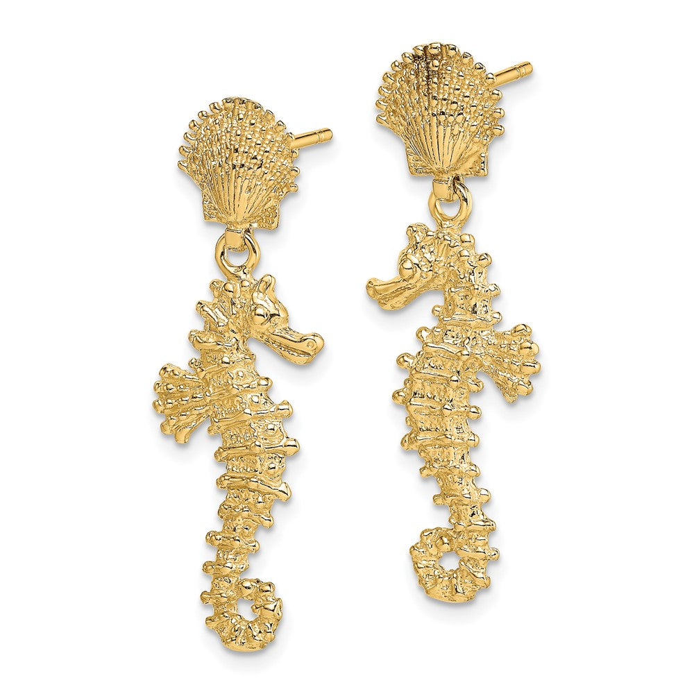 14K Yellow Gold Seahorse Dangling From Shell Earrings