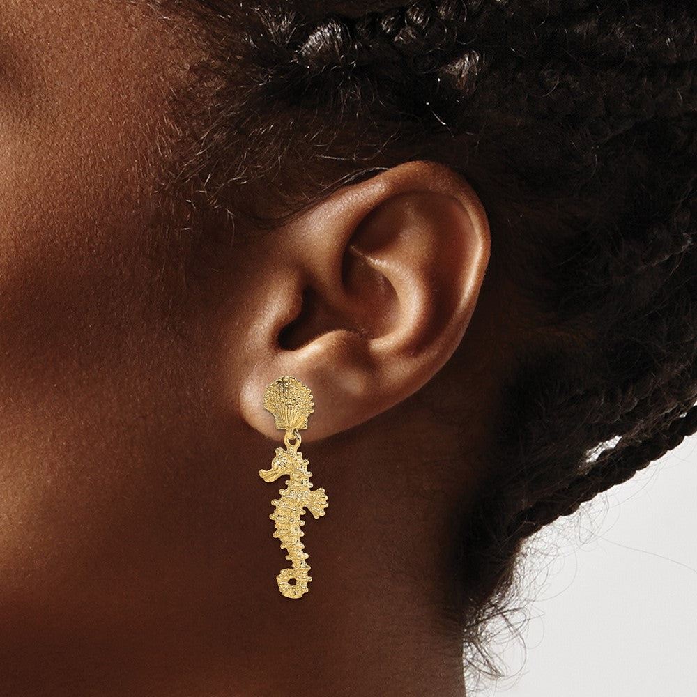 14K Yellow Gold Seahorse Dangling From Shell Earrings