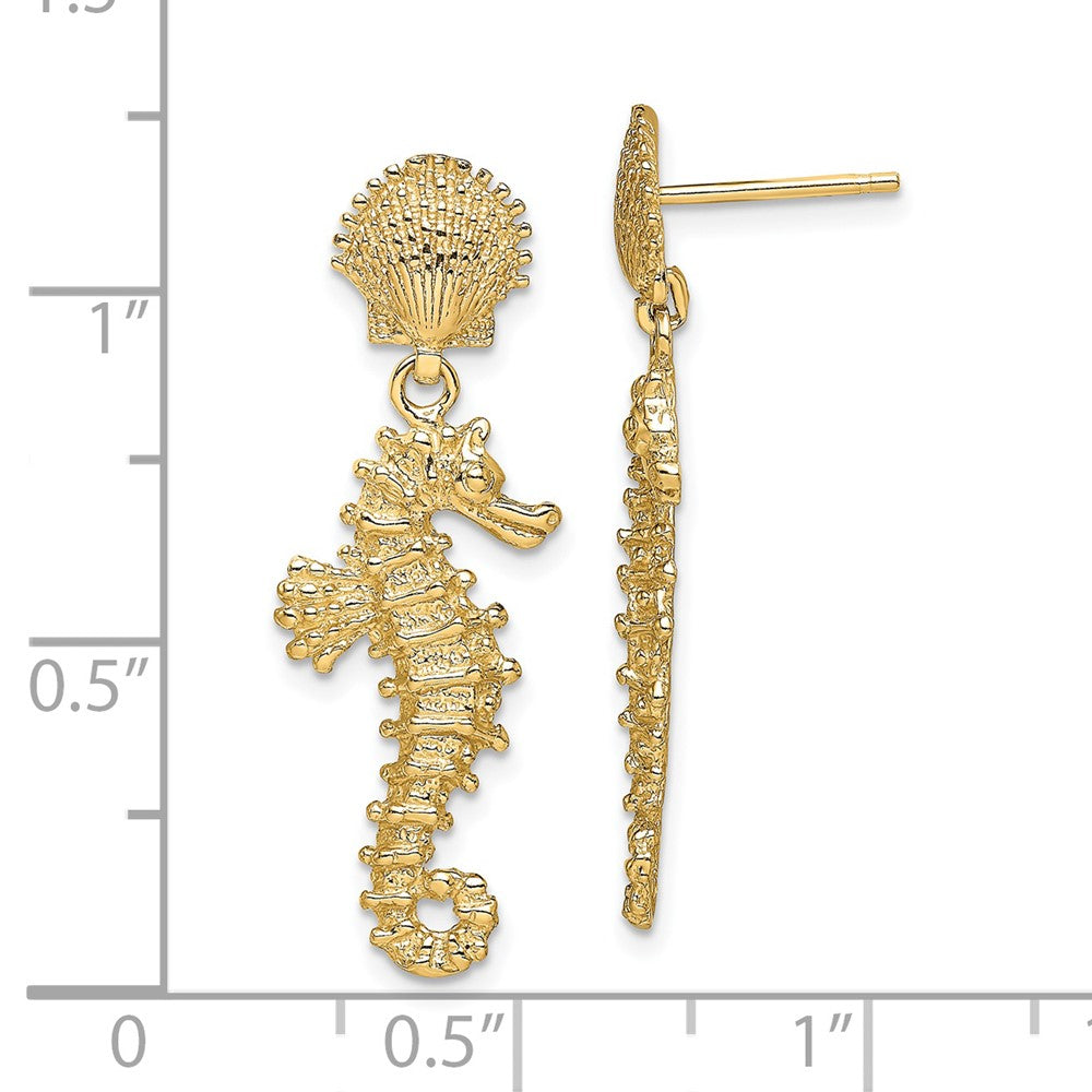 14K Yellow Gold Seahorse Dangling From Shell Earrings