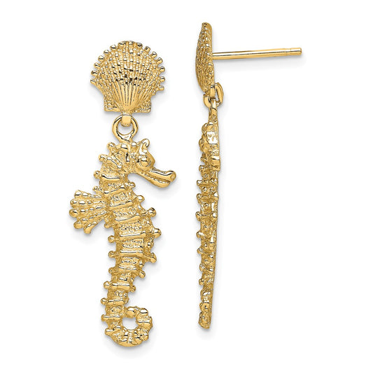 14K Yellow Gold Seahorse Dangling From Shell Earrings