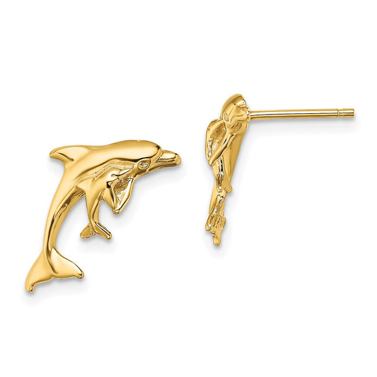 14K Yellow Gold Polished Dolphin and Baby Post Earrings