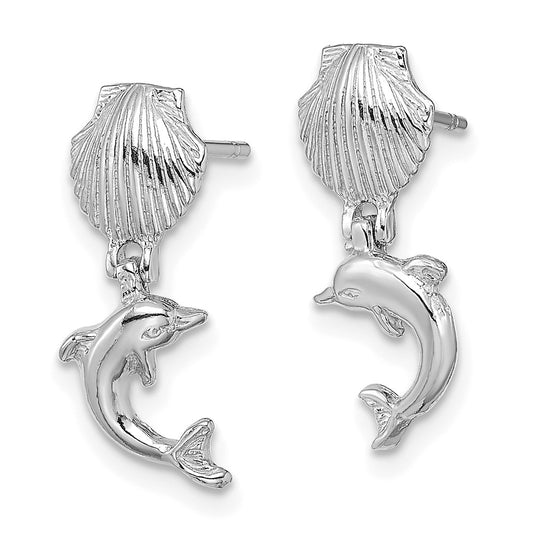 14K White Gold Dolphin Dangle From Mini Scallop Earrings