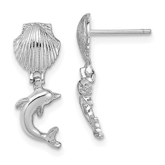 14K White Gold Dolphin Dangle From Mini Scallop Earrings