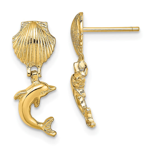 14K Yellow Gold Dolphin Dangle From Mini Scallop Earrings