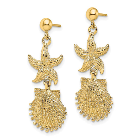 14K Yellow Gold Starfish Scallop Shell Dangle Earrings