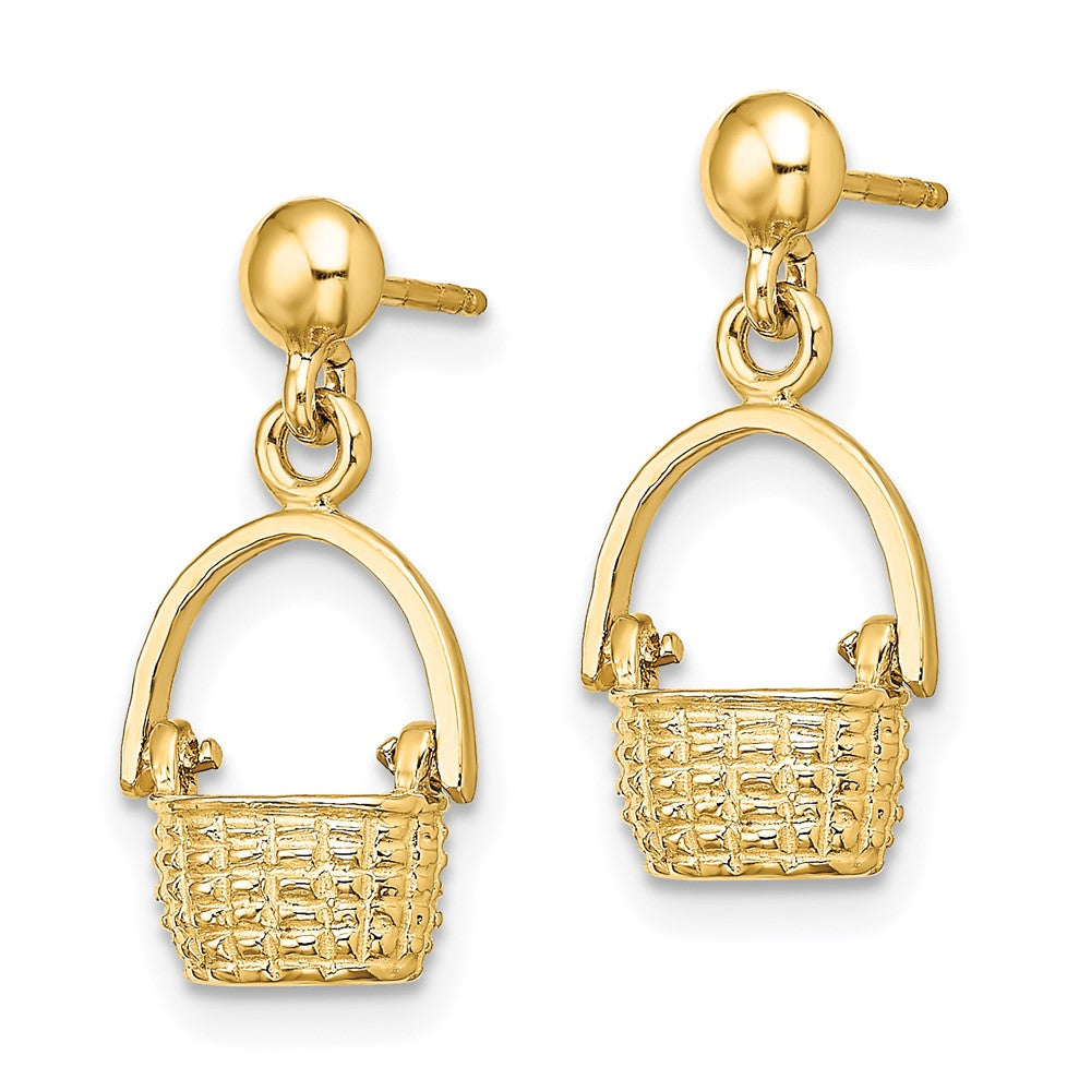 14K Yellow Gold 3D Basket Moveable Handle Dangle Earrings