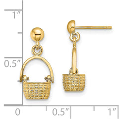 14K Yellow Gold 3D Basket Moveable Handle Dangle Earrings